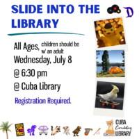 Promotional poster for a presentation event at Cuba Library on July 8, featuring images of popular characters, sports, and activities.