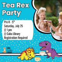 A colorful poster for a "Tea Rex Party," featuring cartoon dinosaurs, details about the event, and a circular image of two girls enjoying tea.