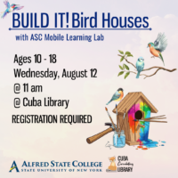 Promotional image for a birdhouse building event featuring a colorful birdhouse, painting tools, and illustrated birds. Text includes event details for ages 10-18, on August 12 at Cuba Library.