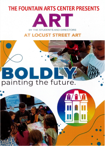 Promotional flyer for an art event featuring "ART" in bold letters at the top, with children engaged in art activities. The phrase "BOLDLY painting the future" is prominently displayed below