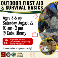 Promotional flyer for "Outdoor First Aid & Survival Basics" workshop with details on date, time, location, and registration information, featuring an image of participants engaged in outdoor survival activities.