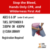 An advertisement for a first aid workshop at Cuba Library, featuring details about the event and an illustration of a person applying pressure to a leg wound.