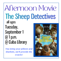 Promotional flyer for "The Sheep Detectives" movie screening at Cuba Library, featuring event details and an animated poster of sheep characters.