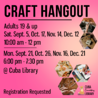 Flyer for “Craft Hangout” at Cuba Library, listing adult craft sessions on several September–December dates, with photos of knitting, painting, paper crafts, and jewelry making.