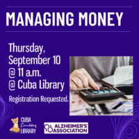 Promotional graphic for a "Managing Money" event, featuring event details and a hand using a calculator.