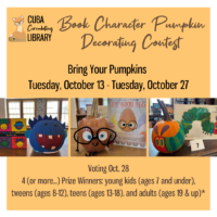Orange library poster advertising a Book Character Pumpkin Decorating Contest, with submission dates, voting information, and three photos of decorated character pumpkins.