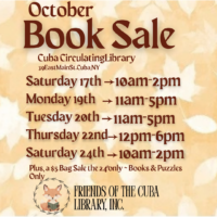 October book sale flyer for Cuba Circulating Library, listing sale dates and hours, with a fox reading a book near the bottom.